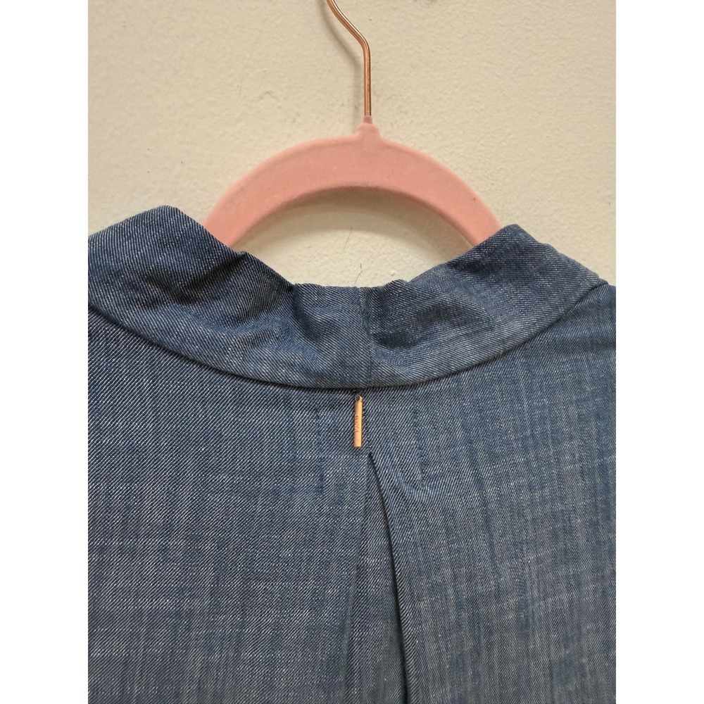 Misa Wrap Blouse Size M Blue Ruffle Bell Sleeve Bow Detail Chambray Style - Picture 6 of 11